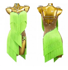 Custom size neon green fringe competition latin dance dresses for women girls kids salsa rumba samba flamenco chacha stage performance skirts